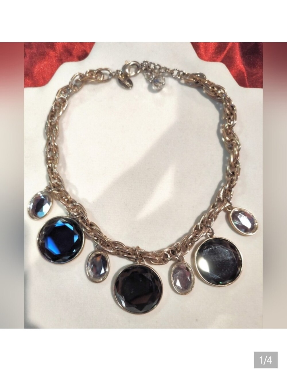 Vintage BHWM Silver Tone Black & Clear Glass faceted Pendants Necklace
